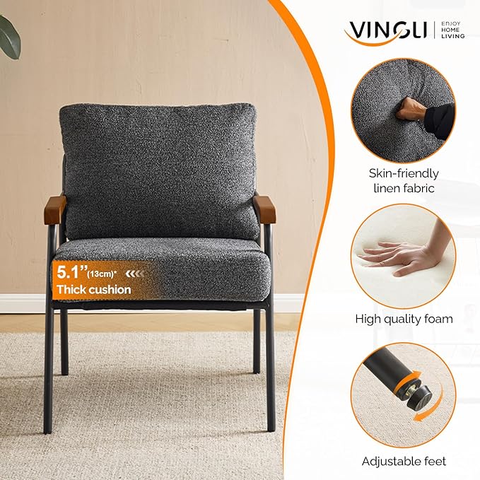 VINGLI Mid-Century Modern Accent Armchiars Set of 2 for Small Space, Small Comfy Upholstered Leisure Reading Chairs with Wood Armrests for Bedroom, Living Room, Waiting Room, Linen Grey