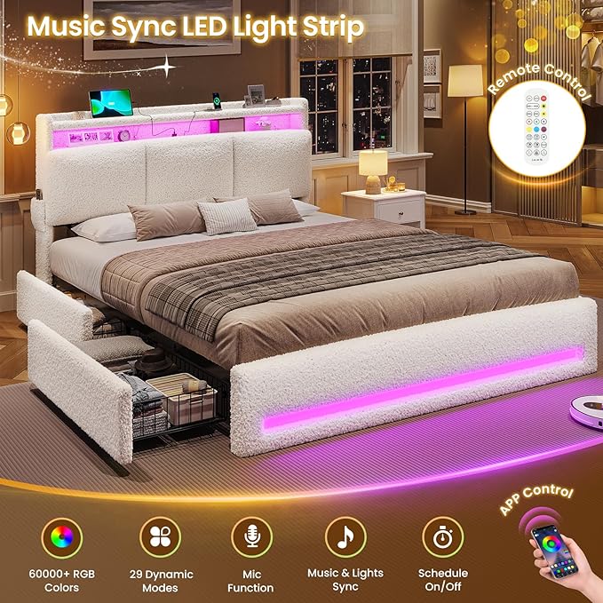 VIAGDO Queen Bed Frame with Storage Headboard and Charging Station, Boucle Upholstered Bed Frame Queen Size with 4 Drawers and LED Lights, Type C and USB, No Box Spring Needed, Cream White