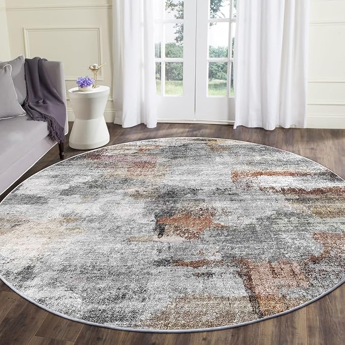 vivorug Round Rug 6ft Abstract Round Area Rug Non-Slip Indoor Carpet for Living Room Bedroom Entryway, Stain Resistant Home Decor Circle Rug, Grey/Rust