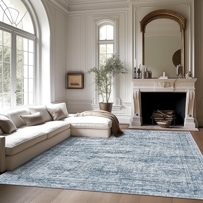 9x12 Area Rugs for Living Room, Non Slip Machine Washable Vintage Rugs, Low Pile Lightweight Large Rug for Bedroom, Dining Room, Home Office Blue