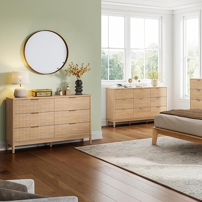 LINSY Fluted Dresser for Bedroom with 6 Drawers, Mid Century Modern Chest of Drawers with Gold Metal Handles, Wide Boho Wood Dressers, Large Farmhouse Storage Cabinet for Bedroom, Living Room, Oak