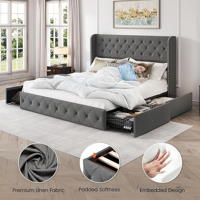 LARMACE Upholstered King Size Bed Frame with 4 Storage Drawers and Wingback Headboard Tufted Platform Bed Frame Linen Beds with Wooden Slats Support, Easy Assembly, Light Grey
