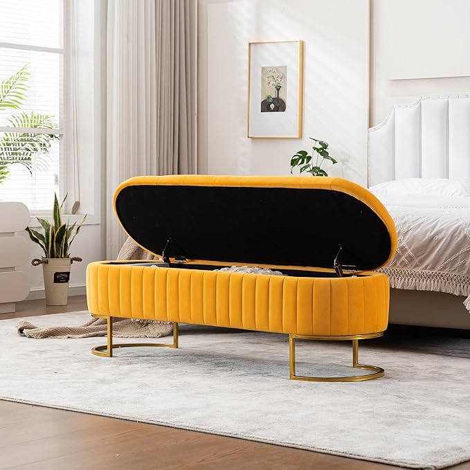 Velvet Storage Bench for Bedroom, Modern Tufted End of Bed Bench for King Size Bed, Upholstered Long Ottoman Bench with Gold Legs for Living Room/Entryway (Mustard Yellow, 55" W)