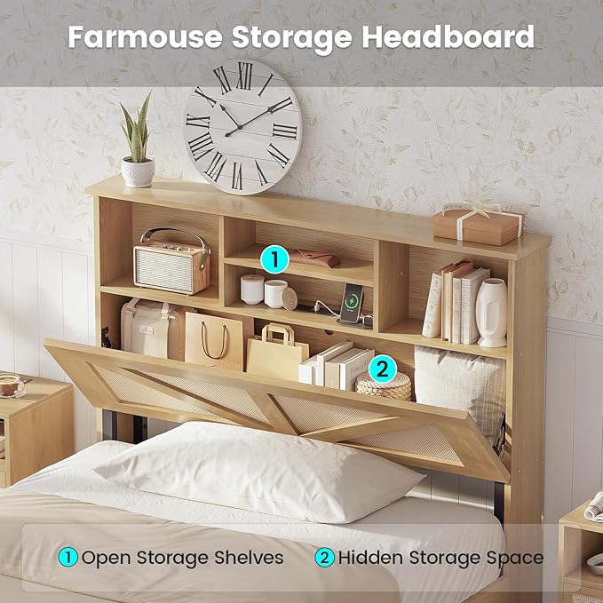 AOGLLATI Twin Bed Frame with 4 Storage Drawers and Natural Rattan 2-Tier Bookcase Hidden Headboard, Boho Led Twin Bed Frame with Charging Station, No Box Spring Needed, Wood