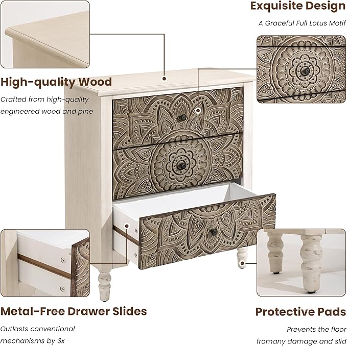 COSIEST 3 Drawers Nightstand Set of 2, Accent Dresser, 29'' Tall Wood Vintage Small Accent Chest, Bedside Table,Bedroom Furniture for Home, Entryway (Lotus Pattern)