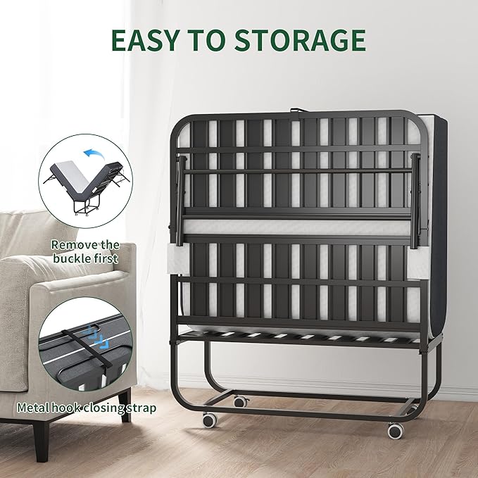 75" x 38" Twin Folding Bed with 3.7" Memory Foam Mattress, Portable Foldable Extra Bed, Rollaway Bed for Guests, and Sturdy Metal Frame