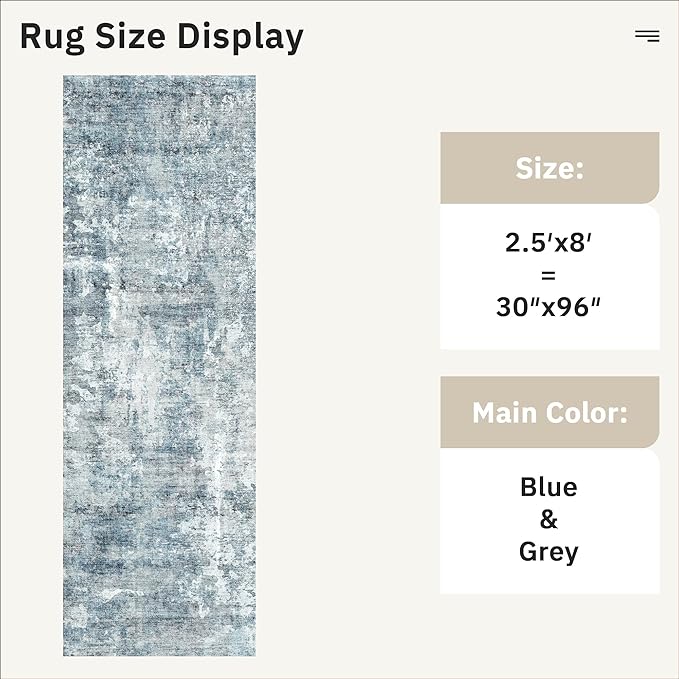 Washable Runner Rug, 2'6" x 8' Non-Slip Kitchen Vintage Foldable Hallway Runners for Entryway, Laundry, Bedroom, Blue