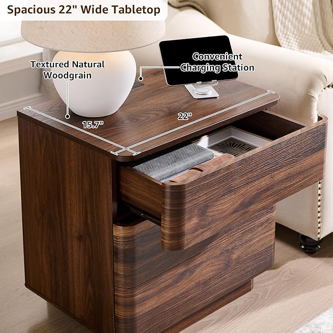 ACCOHOHO 22" Modern Nightstand with Charging Station, Push-to-Open Handleless 3 Drawers Bedside Table, Large End Table with Storage, Night Stand for Bedroom, Living Room, Curved Profile, Brown