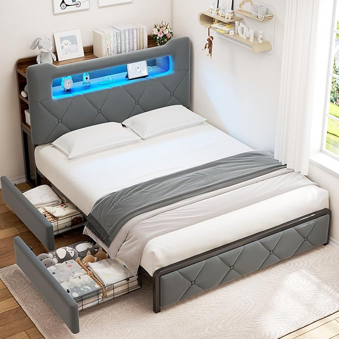 Full Upholstered LED Bed Frame with 2 Storage Drawers and 2-Tier Storage Headboard, Velvet Platform Bed with Charging Station & Bookcase, Heavy Duty Metal Support, No Box Spring Needed, Grey