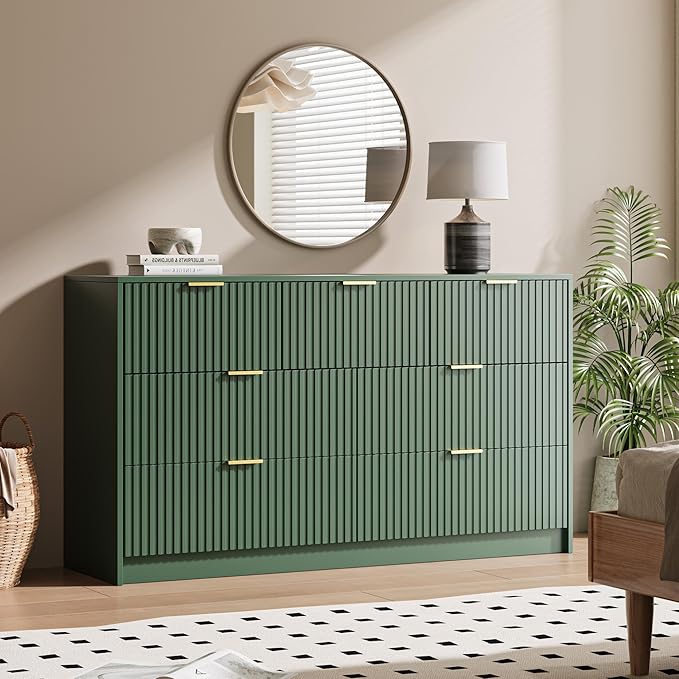 Green 7 Drawer Dresser for Bedroom, 55.9" Wide Modern Fluted Dresser with Gold Metal Handles, Wide Chest of Drawers for Bedroom, Living Room, Entryway, Hallway
