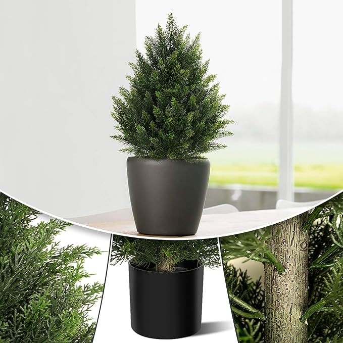 Outdoor Artificial Cedar Topiary Tree, Faux Evergreen Shrubs for Front Porch Decor, Lifelike Fake Bushes Plants for Home Living Room Front Door Decor (1, 2ft)
