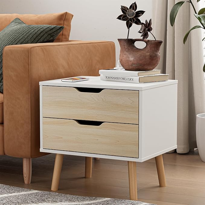 White Nightstand with 2 Drawer Dresser for Bedroom,Small White Oak Dresser with Drawers,End Table, Side Table for Bedroom,Living Room, Closet