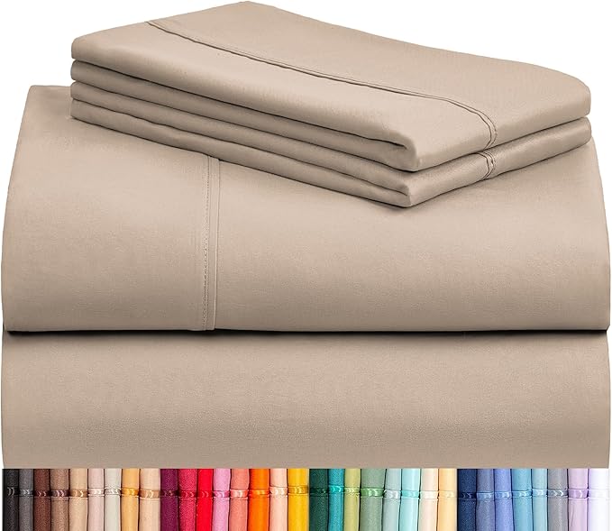 LuxClub 4 PC King Sheet Set, Deep Pockets Wrinkle Free Cooling Bed Sheets Hotel Bedding for Women, Men, Includes 1 Fitted Sheet, 1 Flat Sheet and 2 Pillowcases-Silky Soft Light Khaki