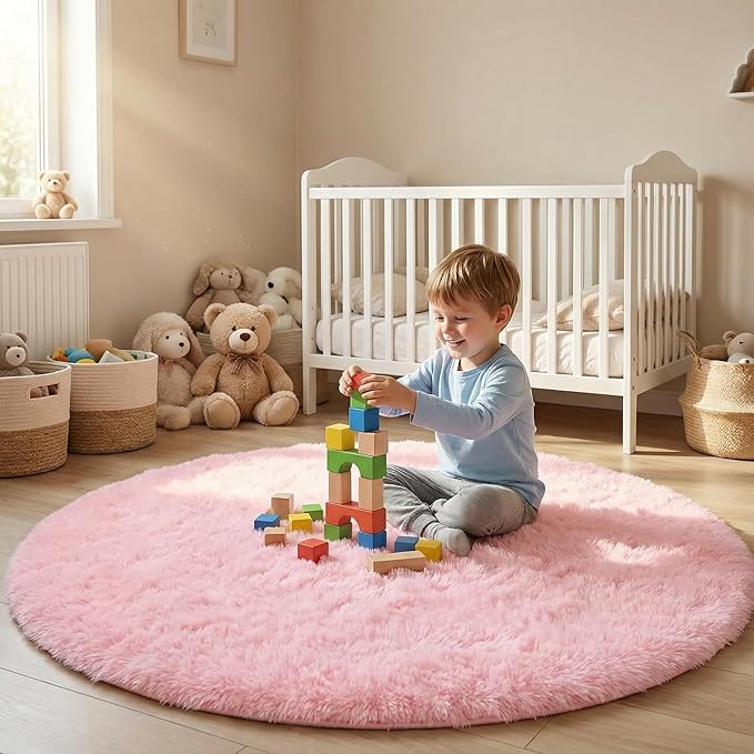 duduta Pink Fluffy Round Rug 4x4 ft, Shag Fuzzy Plush Circle Throw Rug for Nursery Bedroom Living Room Home Decor