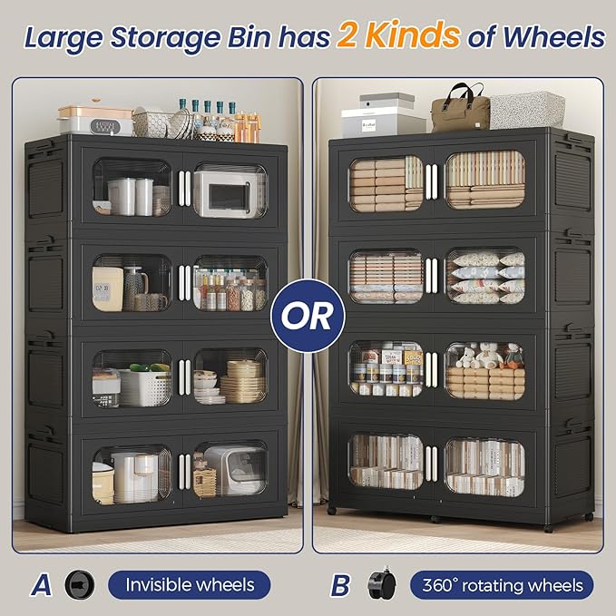 150 Gallon Extra Large Storage Bin with Lid and Wheels, Stackable Collapsible Plastic Storage Box with Door, Foldable Organizer for Closet, Kitchen, Office, Living Room, 3 Pack Black
