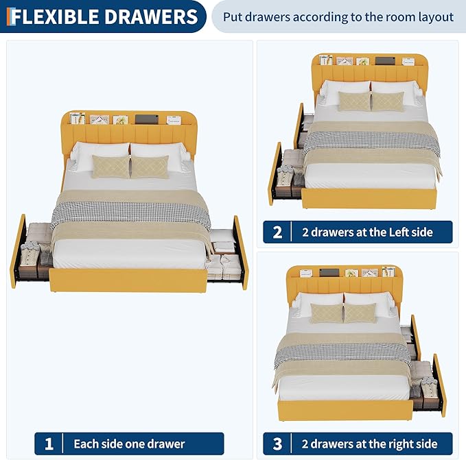 Jojoka Full Bed Frame with Storage Headboard and 2 Drawers, Boucle Upholstered Platform Bed, Modern Kids Full Bed Frames for Small Rooms, No Box Spring Needed, Easy Assembly, Yellow