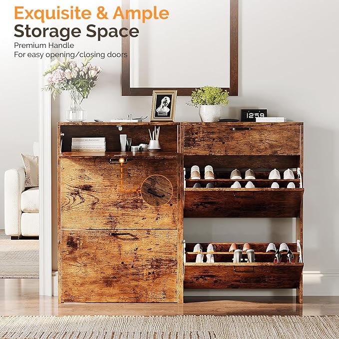 VINGLI Shoe Cabinet Storage for Entryway Ultra Slim with 2 Flip &1Drop-Down Drawers, 24.8" W Narrow Shoe Cabinet for Front Door Entrance,Freestanding Rustic Brown Wood Shoes Organizer for Hallway