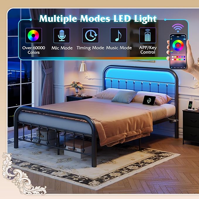 WLIVE Metal Platform Bed Frame, Queen Bed Frame with Headboard, Bed Frames with LED Lights and Charging Station, 1500LBS Mattress Foundation, Under Bed Storage, No Box Spring Needed, Black