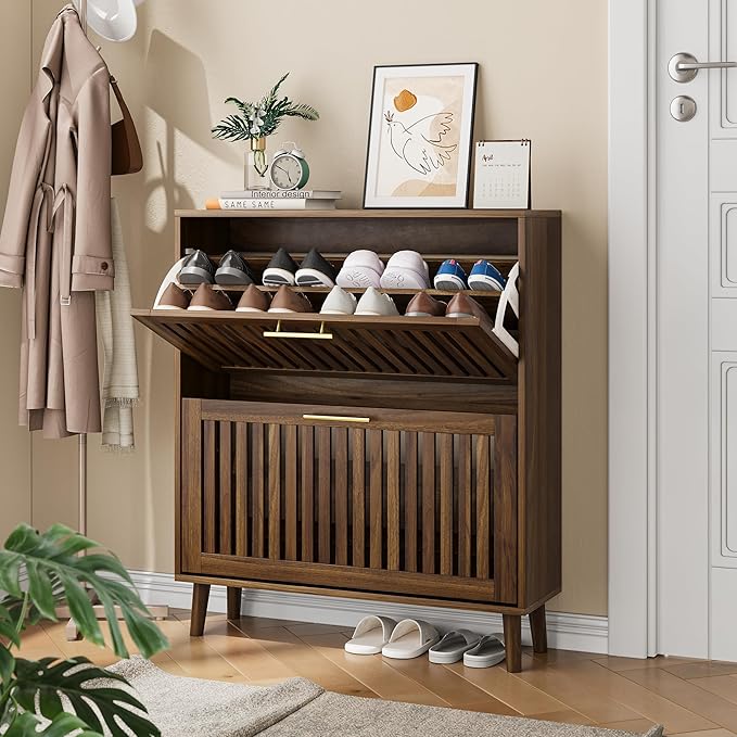 Vibe & Dine Shoe Cabinet with 2 Flip Drawers, Narrow Shoe Rack with Gold Handles, Free Standing Shoe Storage Cabinet for Entryway Slim, Wood Shoe Organizer Cabinet for Hallway, Bedroom, Walnut