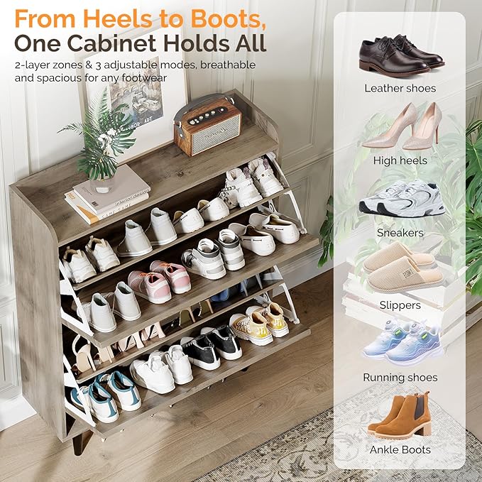 VINGLI Shoe Storage Cabinet for Entryway with 2 Flip Drawers, Ultra Slim Freestanding Entryway Shoe Organizer with Wood Tapered Legs,Hidden Closed Shoe Rack,31.6" W * 9.4" D * 39.4" H, Washed Gray