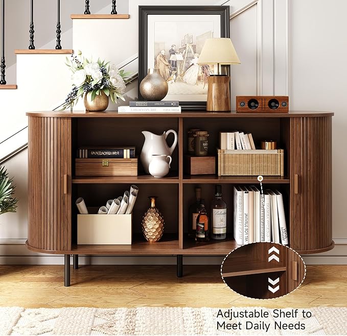 ONBRILL 55" Sideboard Buffet Cabinet with Storage, Sliding Door & Adjustable Shelf, Modern Accent Coffee Bar Console Table for Kitchen, Entryway, Walnut