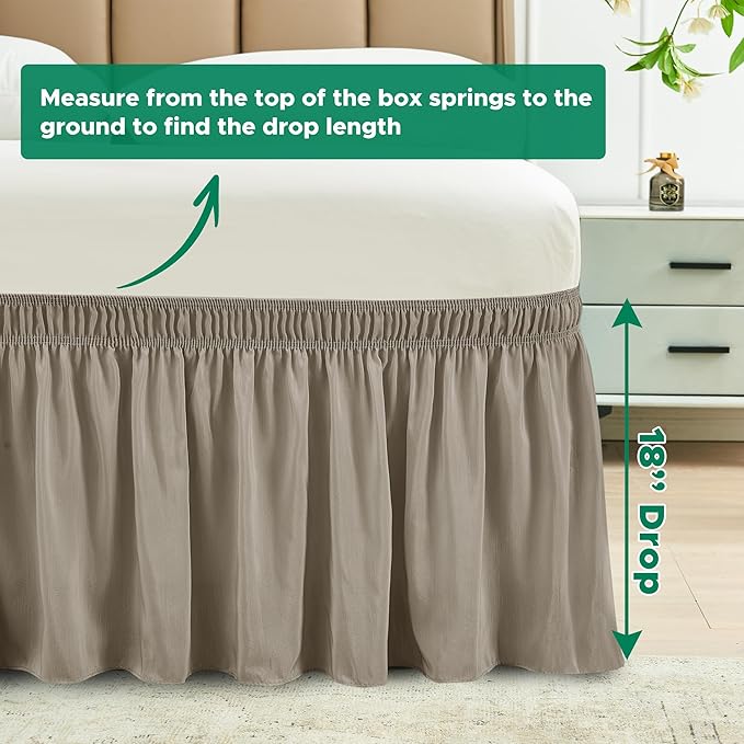 Biscaynebay Wrap Around Bed Skirts for Queen Size Beds 18" Drop, Taupe Adjustable Elastic Dust Ruffles Easy Fit Wrinkle Resistant Silky Luxurious Fabric Machine Washable