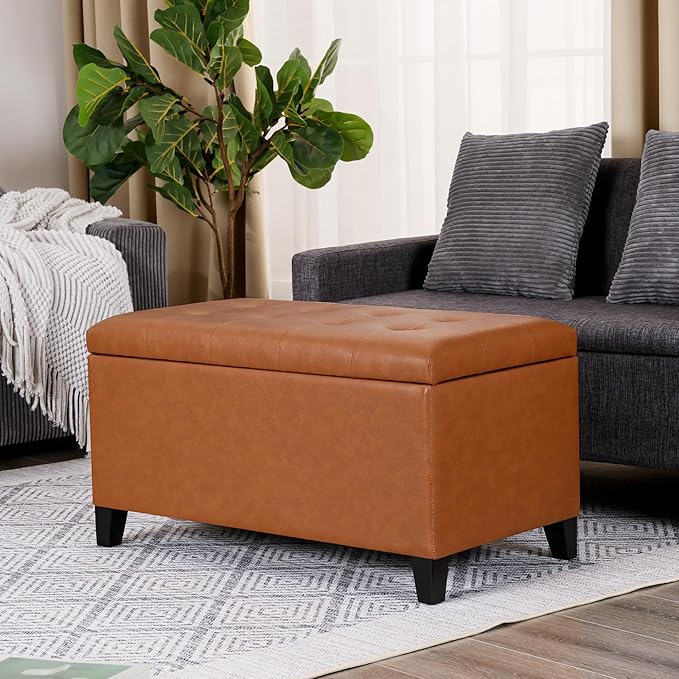 Joveco Storage Ottoman Bench, 33 Inches Faux Leather Rectangle Tufted Foot Stool for End Foot of Bed, Bedroom, Living Room,Vibrant Orange