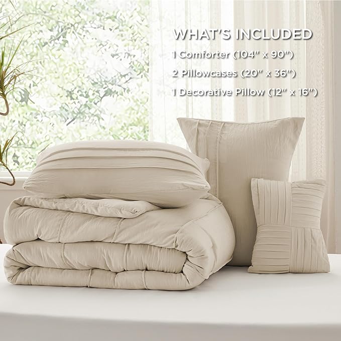 Bedsure King Comforter Set - 4 Pieces Pinch Pleat Bed Set, Linen Boho Bedding for All Season, 1 Soft Comforter, 2 Pillowcases, 1 Decorative Pillow