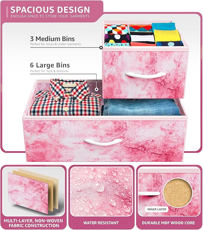 Sorbus Kids Dresser with 9 Drawers - Furniture Storage Chest Tower Unit for Bedroom, Hallway, Closet, Office Organization - Steel Frame, Wood Top, Tie-dye Fabric Bins (Pink, Tie-dye)