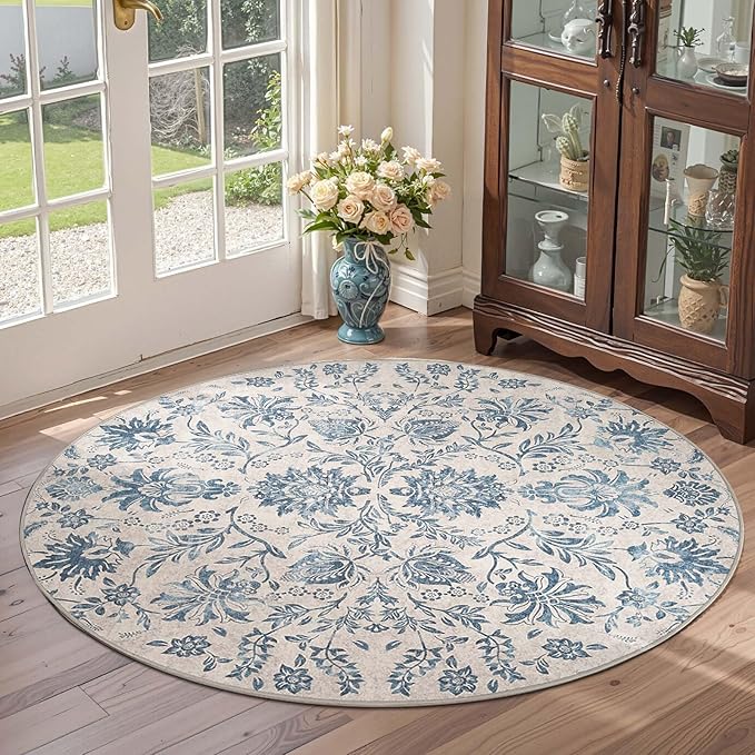 jinchan Torino Classic Floral Round Rug 5ft, Vintage-Inspired Design 5’Circle Rug, Machine Washable Ultra-Thin Low-Pile Non-Slip Indoor Carpet for Bedroom Dining Room Living Room Entryway, Dark Blue