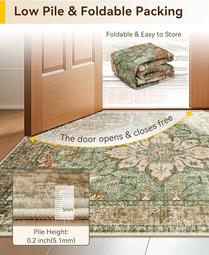 Area Rugs 7'x10' Washable Non-Slip, Floral Vintage Distress Print Pattern Medallion Carpet for Living Room Bedroom Dining Room, Brick Red Rust Neutral Brown Burnt Orange Green