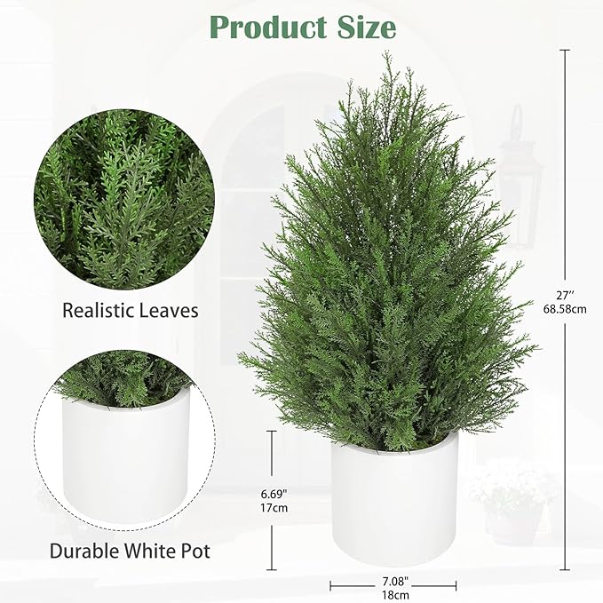 Briful 27” Artificial Cedar Topiary Tree in White Planter – Realistic Faux Evergreen Faux Floor Plant with Layered Leaves, Decorative Indoor Outdoor Potted Shrub for Home, Office, Patio, Porch