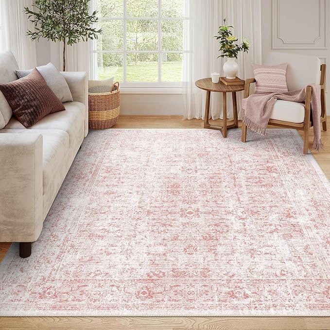 3x5 Rug, Small Area Rug for Living Room, Bedroom, Kitchen, Machine Washable Non-Slip Throw Rug, Vintage Distressed Floral Carpet for Entryway Nursery Dinner Room - Durable (Pink)