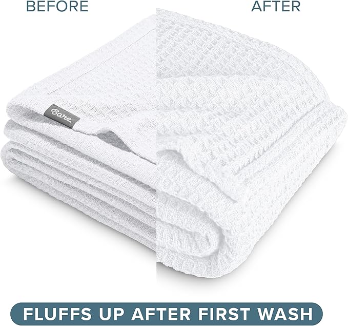 Bare Home White Waffle Blanket, Throw Size 44Wx66L, 100% Cotton, Soft & Breathable for All Seasons, Lightweight, Perfect for Layering Bed, Sofa & Couch (Throw/Travel, White)