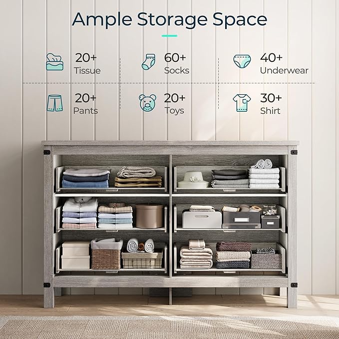 LINSY HOME Farmhouse 6 Drawer Double Dresser for Bedroom, 53” Wide Rustic Wood Chest with Deep Drawers, Modern Dressers with Storage and Metal Handles for Closet, Living Room, Hallway, Wash Grey