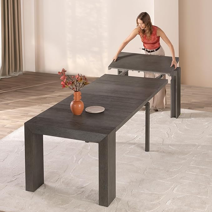 Transformer Table - Solid Wood Extendable Dining Table, Seats 2-12, Extendable Dining Room Table, Space-Saving Furniture, Expandable Dining Furniture (Dark Grey, Table Only)