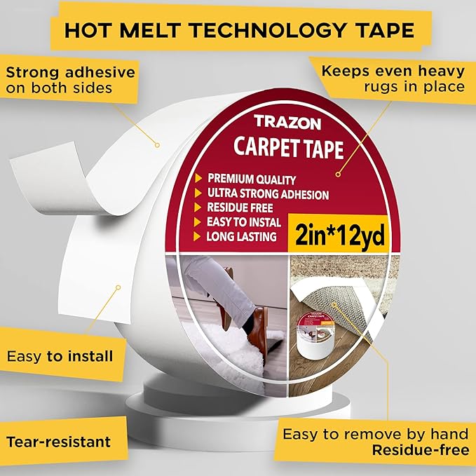 Carpet Tape Double Sided - Rug Tape Grippers for Hardwood Floors and Area Rugs - Carpet Binding Tape Strong Adhesive and Removable, Heavy Duty Stickers Grip Tape, Residue Free (2 Inch / 12 Yards)