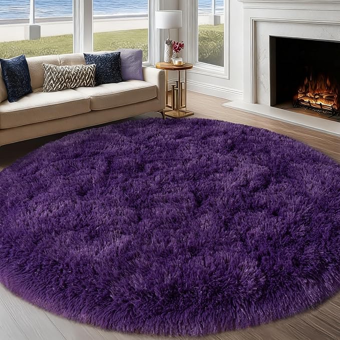Round Purple Rug for Bedroom, 8 ft Circle Area Rugs for Living Room, Soft Large Fluffy Shag Carpet for Teen Girls Boys Nursery Room Dorm Home Decor Aesthetic