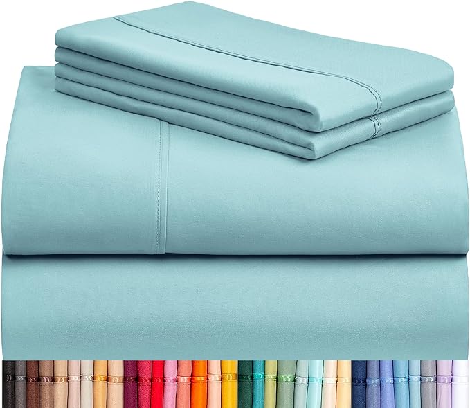 LuxClub 4 PC Queen Sheet Set, Deep Pockets Wrinkle Free Cooling Bed Sheets Hotel Bedding for Women, Men, Includes 1 Fitted Sheet, 1 Flat Sheet and 2 Pillowcases-Silky Soft Aqua
