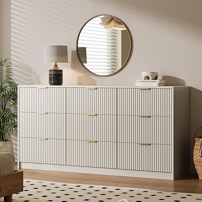 Beige 9 Drawer Dresser for Bedroom, 63" Wide Modern Fluted Dresser with Gold Metal Handles, Chest of Drawers for Bedroom, Living Room, Entryway, Hallway