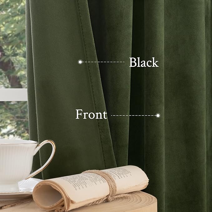 LAMIT 90 Inches Velvet Curtains for Living Room, Olive Green Thermal Insulated Blackout Curtains Luxury Room Darkening Back Tab and Rod Pocket Window Drapes for Bedroom, 2 Panels, 52 x 90 Inch