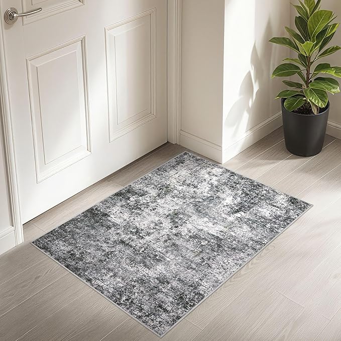 2x3 Entryway Area Rug: Washable Neutral Modern Abstract Small Rug - Non-Slip Low Pile Throw Indoor Carpet for Entrance Kitchen Front Door Mat Bathroom Entry Kids Room - Grey