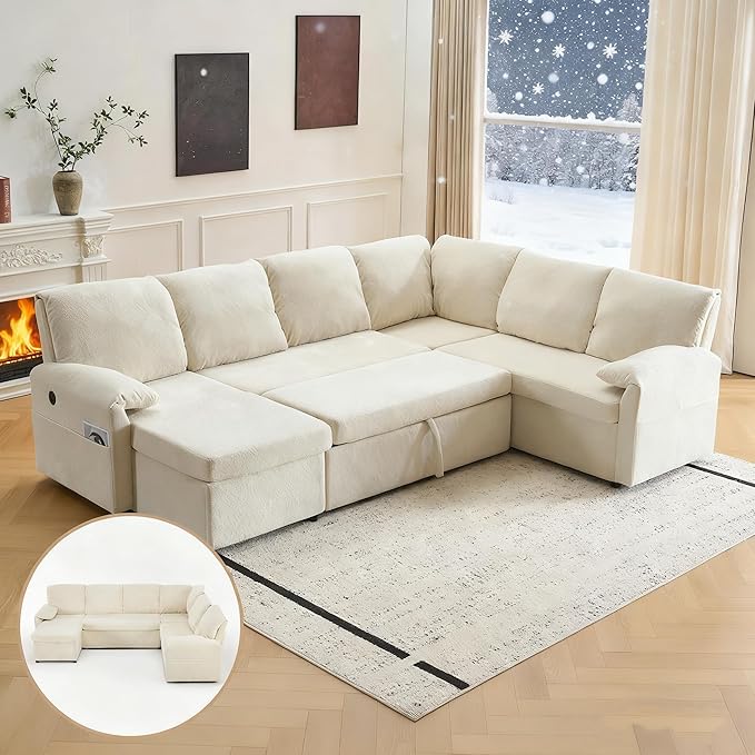 VINGLI Convertible Sofa Bed, U-Shape Sectional Couches for Living Room Sleeper Sofa with Pull Out Couch Bed Cloud-Like Plush Fleece Sofa Couch with Storage Chaise, USB Charging, Side Pockets