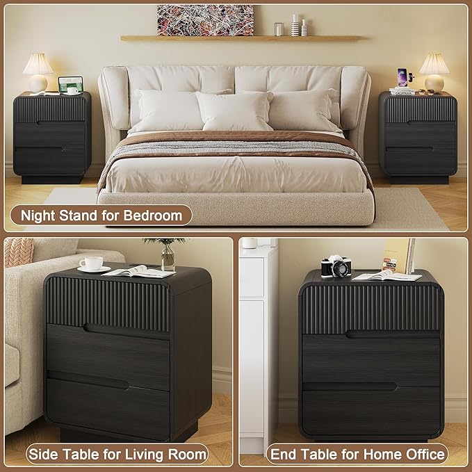 6 Drawer Dresser and 2 Nightstand Sets for Bedroom 3 Pcs Bedroom Set, Modern 47.2" Fluted Dresser with Invisible Handles Nightstand Charging Station, Bedroom Furniture Set for Living Room, Black