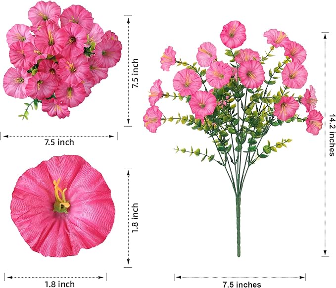 Artificial Flowers Fake Plants for Outdoors Decoration, 12 Bundles Pink Silk Morning Glory with Eucalyptus Realistic UV Resistant Faux Flowers Greenery for Outside Planter Yard Garden Home Indoor Urn