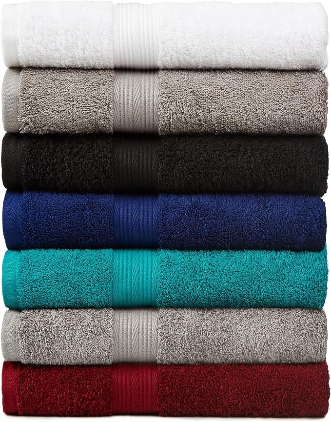 Amazon Basics 6 Piece Oversized Fade resistant Towel set, 100% Cotton towels for bathroom, soft and absorbent, 2 Bath Towels, 2 Hand Towels and 2 Washcloths bathroom towel set, Navy Blue