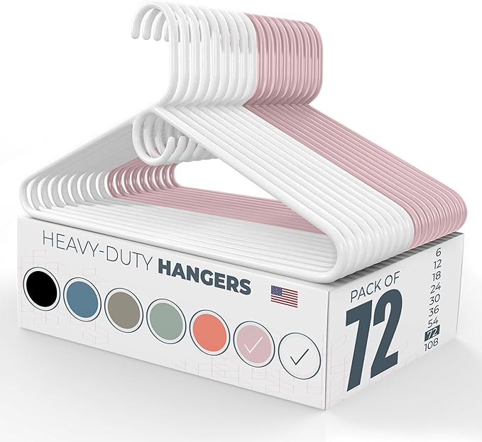 Neaties Heavy Duty Clothes Hangers 50+ Pack (72 Count) – Made in The USA – 8lb Capacity Plastic Hangers for Adult Clothing – Durable for Pants, Coats, Jackets, or Jeans – White & Pink