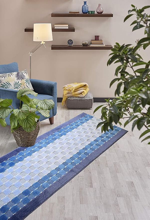 Custom Length Hallway Runner Rug,Slip Resistant,Checkered Blue, 26 Inch X 9 feet, Sold and Priced Per Foot