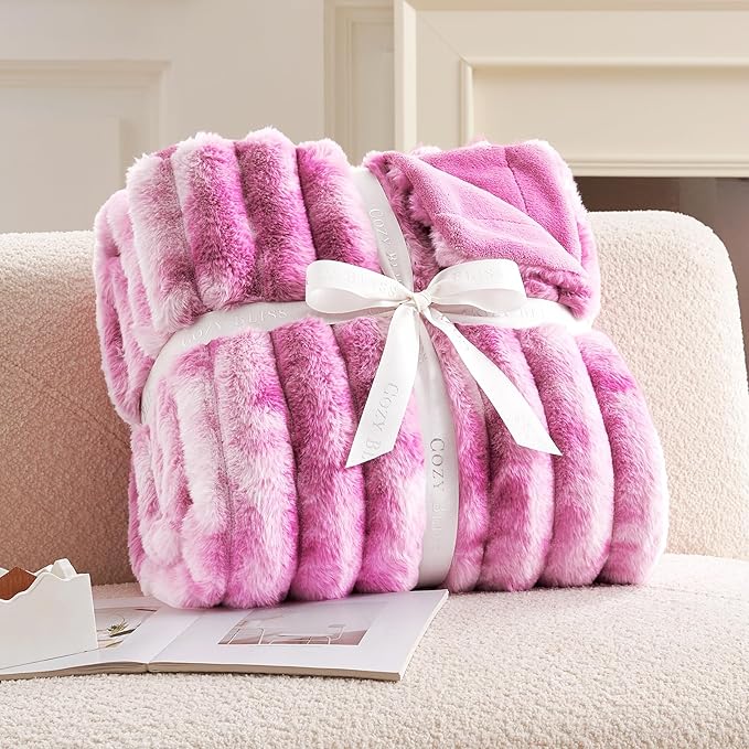Cozy Bliss Faux Fur Throw Blanket for Couch, Cozy Warm Plush Striped Blanket for Sofa Bedroom Living Room, 60 * 80 Inches Tie-dye Pink