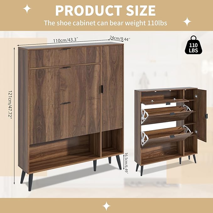 Shoe Storage Cabinet with 2 Flip Drawers, Narrow Shoe Cabinet for Entryway, Freestanding Slim Hidden Shoe Organizer Cabinet with Doors, Adjustable Shelf, Open Storage Space (Walnut)